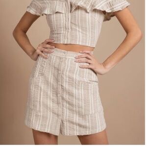 Lost+Wander Stella Beige White Smocked Striped Skirt Size S Cotton Linen Pockets